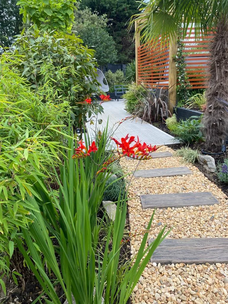 Stone-step path through tropical-style planting with crocosmia and palms