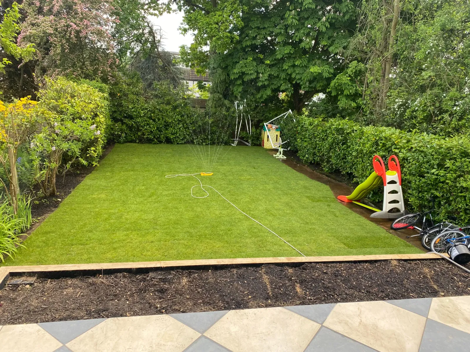 Newly laid real turf in a back garden with a sprinkler watering it in